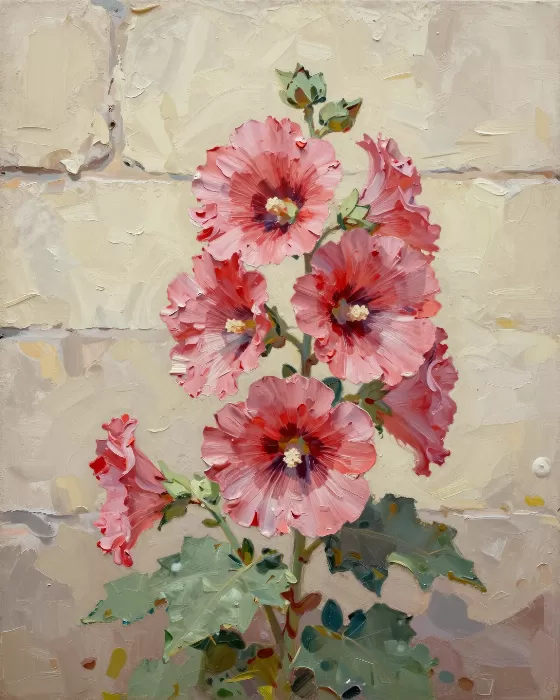 Sunlit Hollyhocks