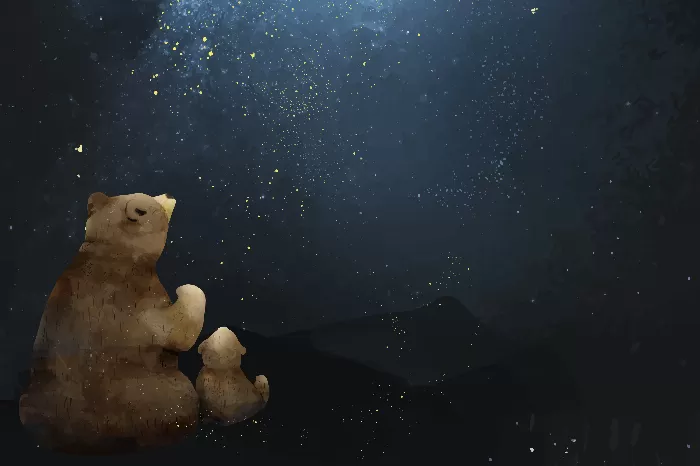 Father and son bear watching the galaxy