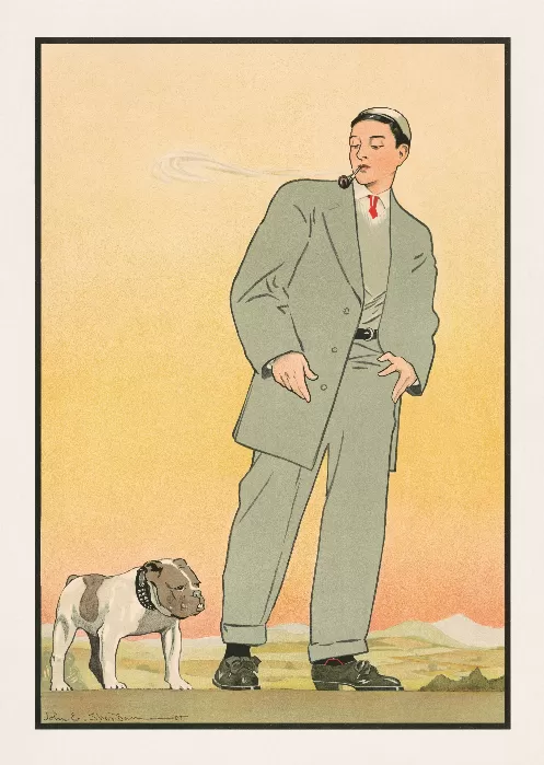Young man in gray suit smoking a pipe and looking at a dog
