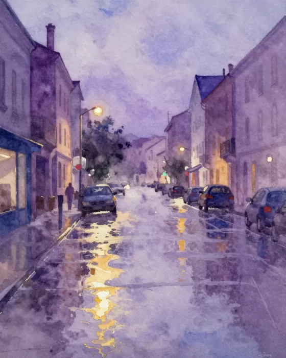 Rainy City Street at Dusk