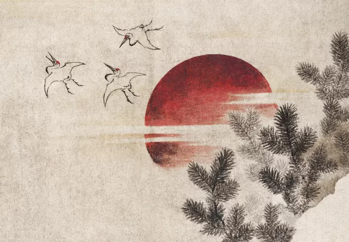 Katsushika Hokusais birds and sunset