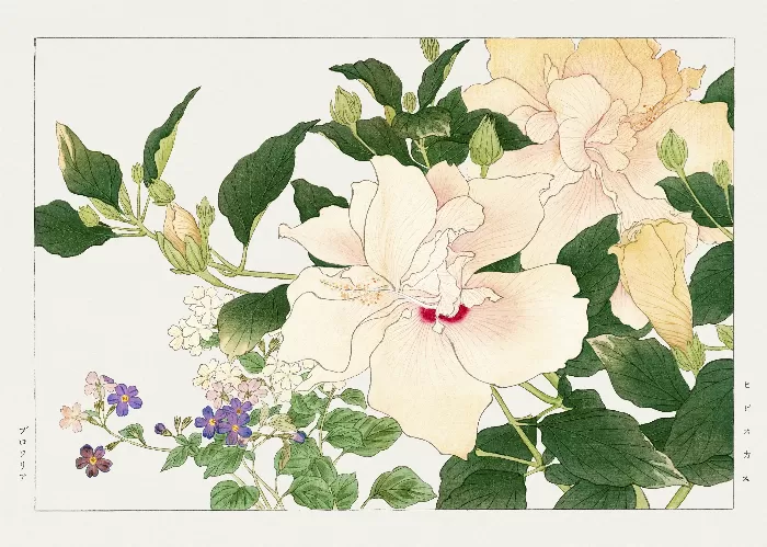 Browallia & ibiscus flower woodblock painting