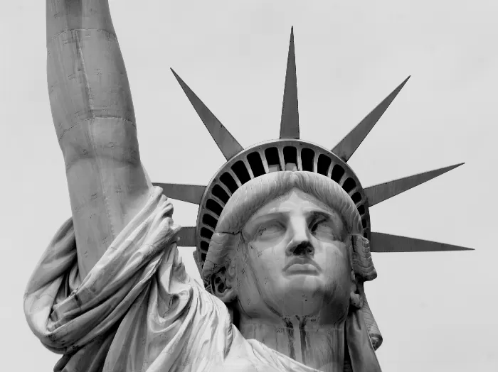 Black and white closeup photo of the Statue of Liberty